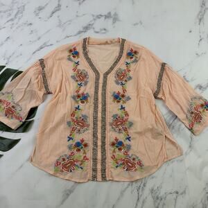 Soft Surroundings Embroidered Blouse Top Size M Orange Blue Beaded Boho Floral